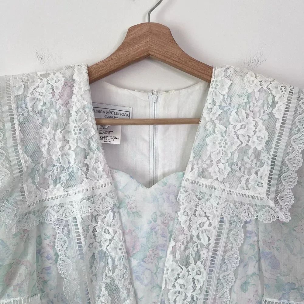 Vintage 80s Gunne Sax Jessica McClintock Pastel Floral Prairie Cottagecore Dress - Picture 5 of 14
